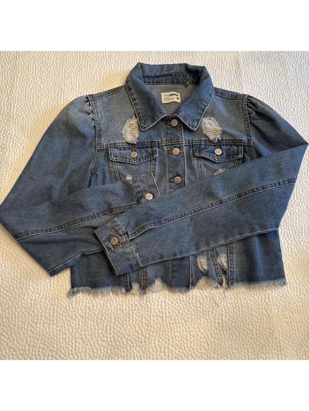Ci Sono Denim Jacket Distressed Light Wash Stretch Button Up Size M